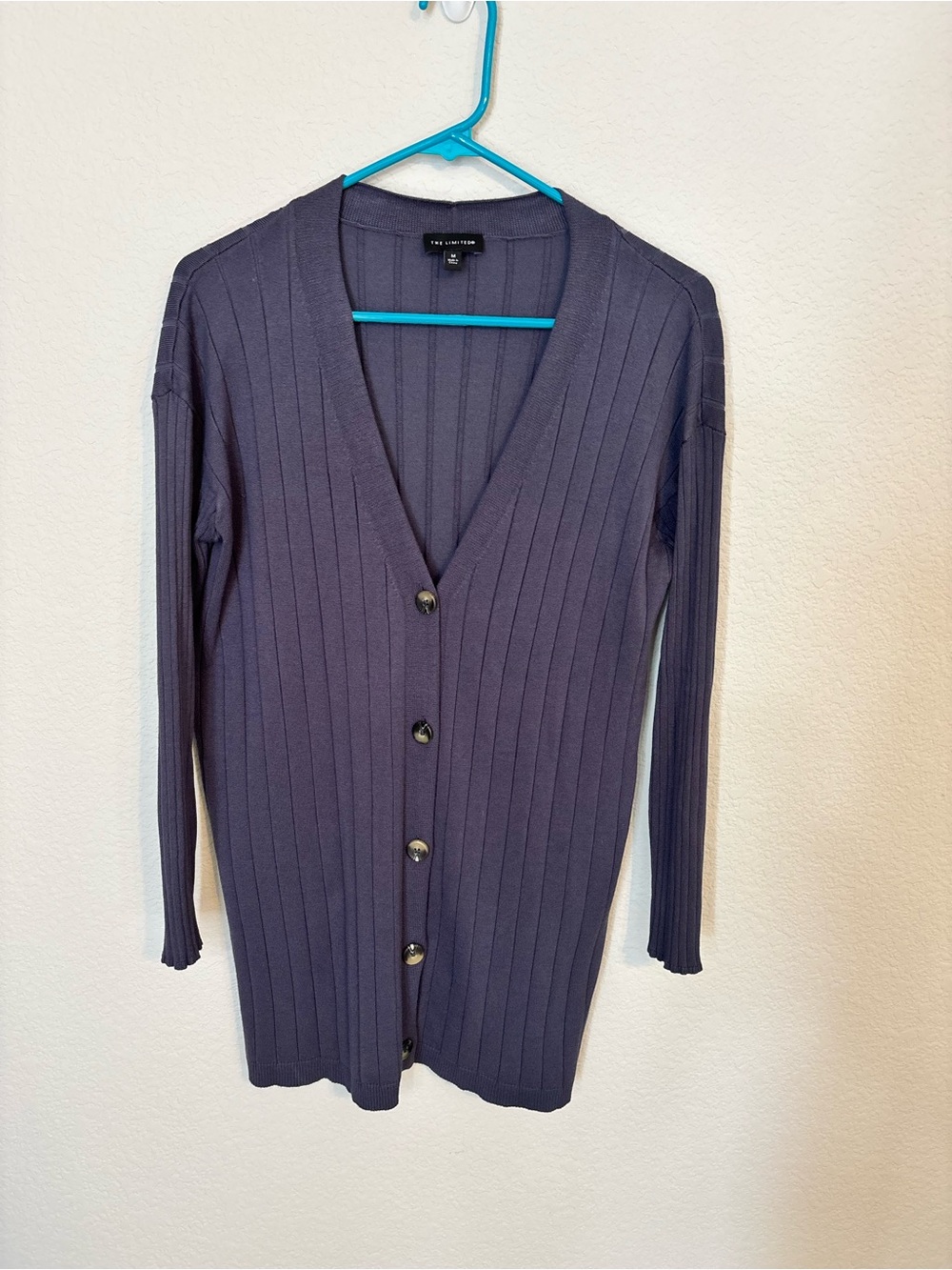 The Limited Long Ribbed Button-Front Cardigan - Navy